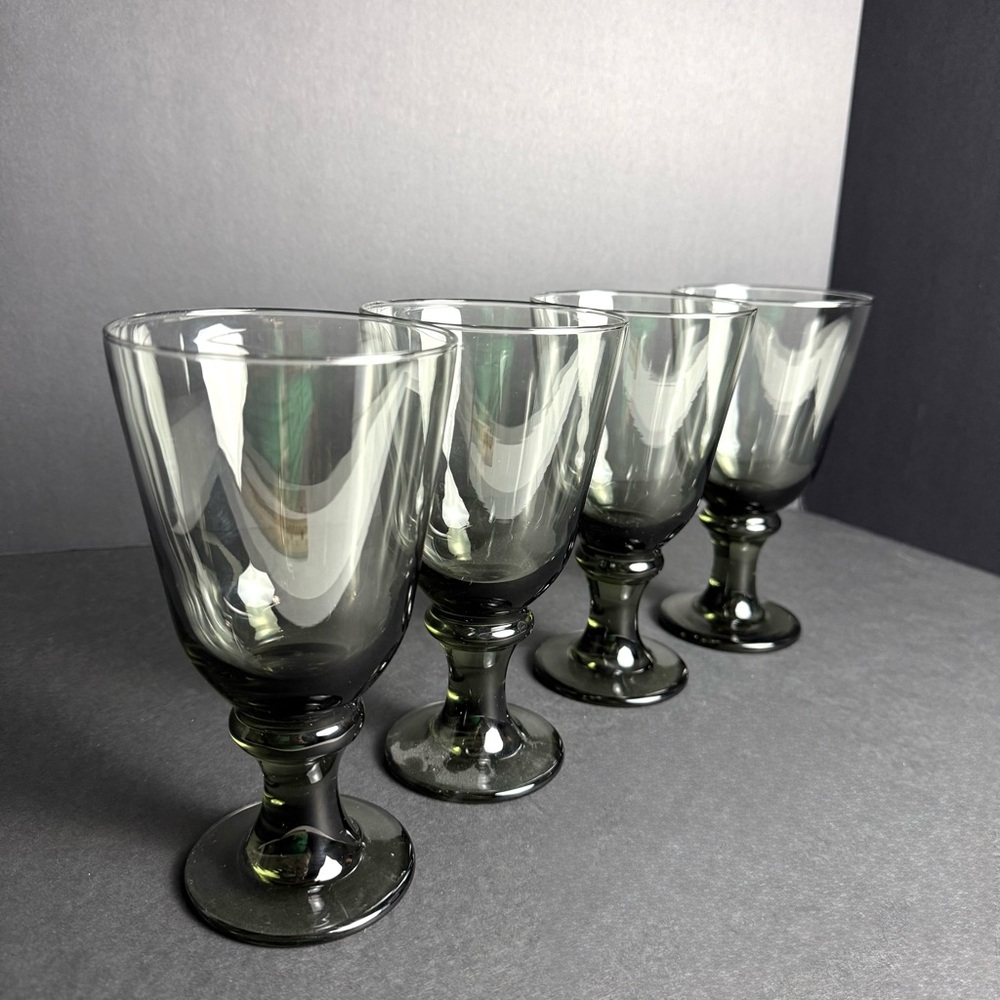 Vintage Set 4 Libbey Glass Nova Black 16 Oz Hand Blown Footed Water Goblets, 7”